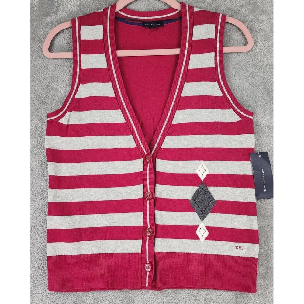 Tommy Hilfiger Sweater Vest Womens Medium Red Gray Striped Button Up Preppy
